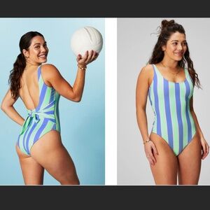 FABLETICS Scoop Tie Back Shaping One-Piece Swimsuit in Resort Stripe SMALL